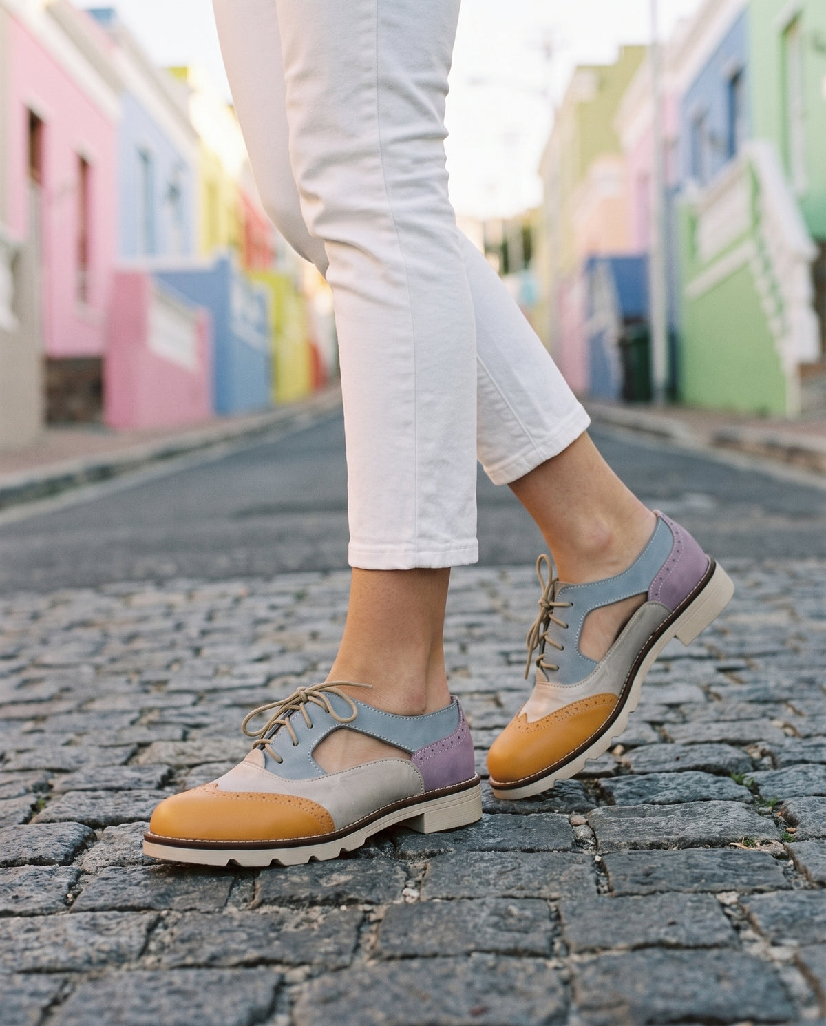 Phelan Darcy Brogue in mustard, fog, sky and lilac leather, worn