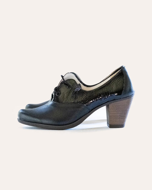Audrey Heel in Black Patent, handmade leather lace-up heel by Phelan Footwear