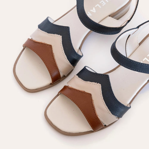 Corfu Heel in Tan/Taupe/Navy, close-up of the three leather bands
