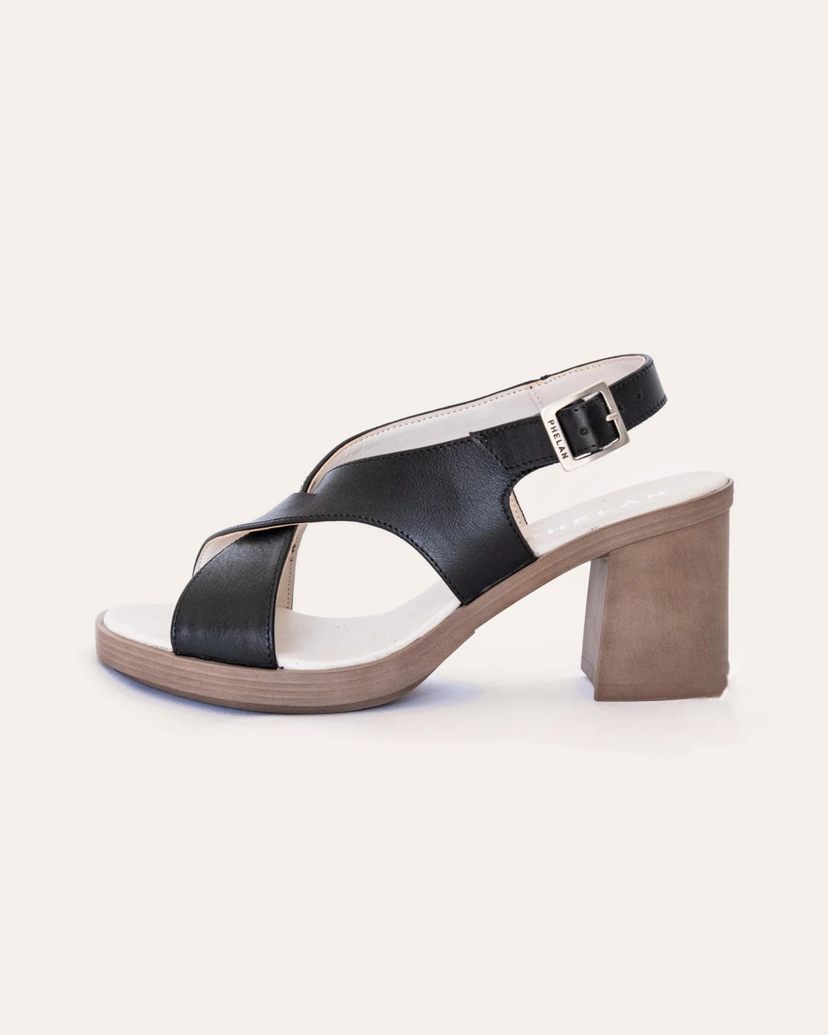 Verona Heel in Black, handmade leather block-heel sandal by Phelan Footwear