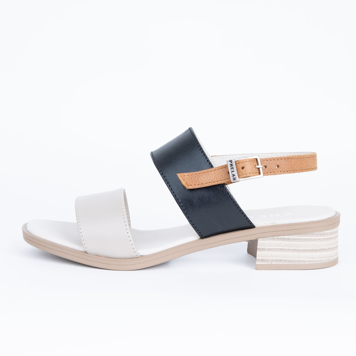 Portofino Heel in Taupe/Black/Tan: handmade leather two-band slingback by Phelan Footwear