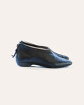 Pixie Flat – black leather slip-on flat with a back zip, side view, handmade by Phelan