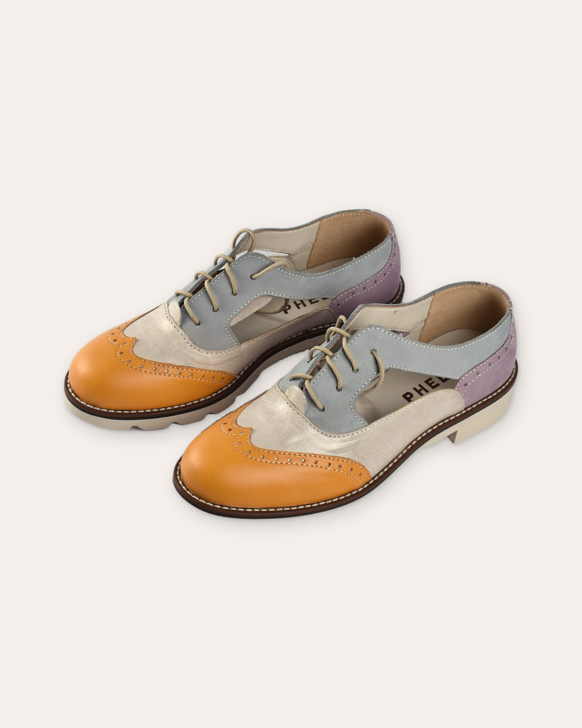 Darcy Brogue in Mustard/Fog/Sky/Lilac — handmade leather cut-out brogue by Phelan Footwear