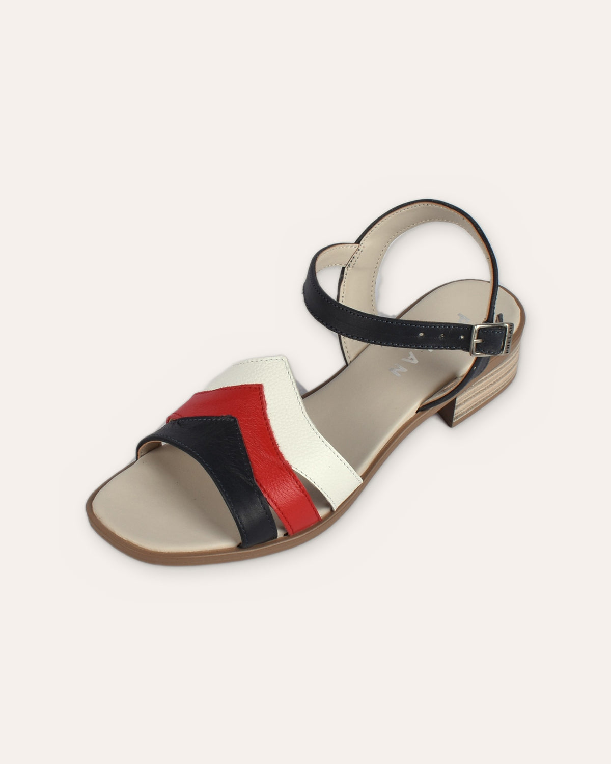Corfu Heel in Navy/Red/White, one shoe close