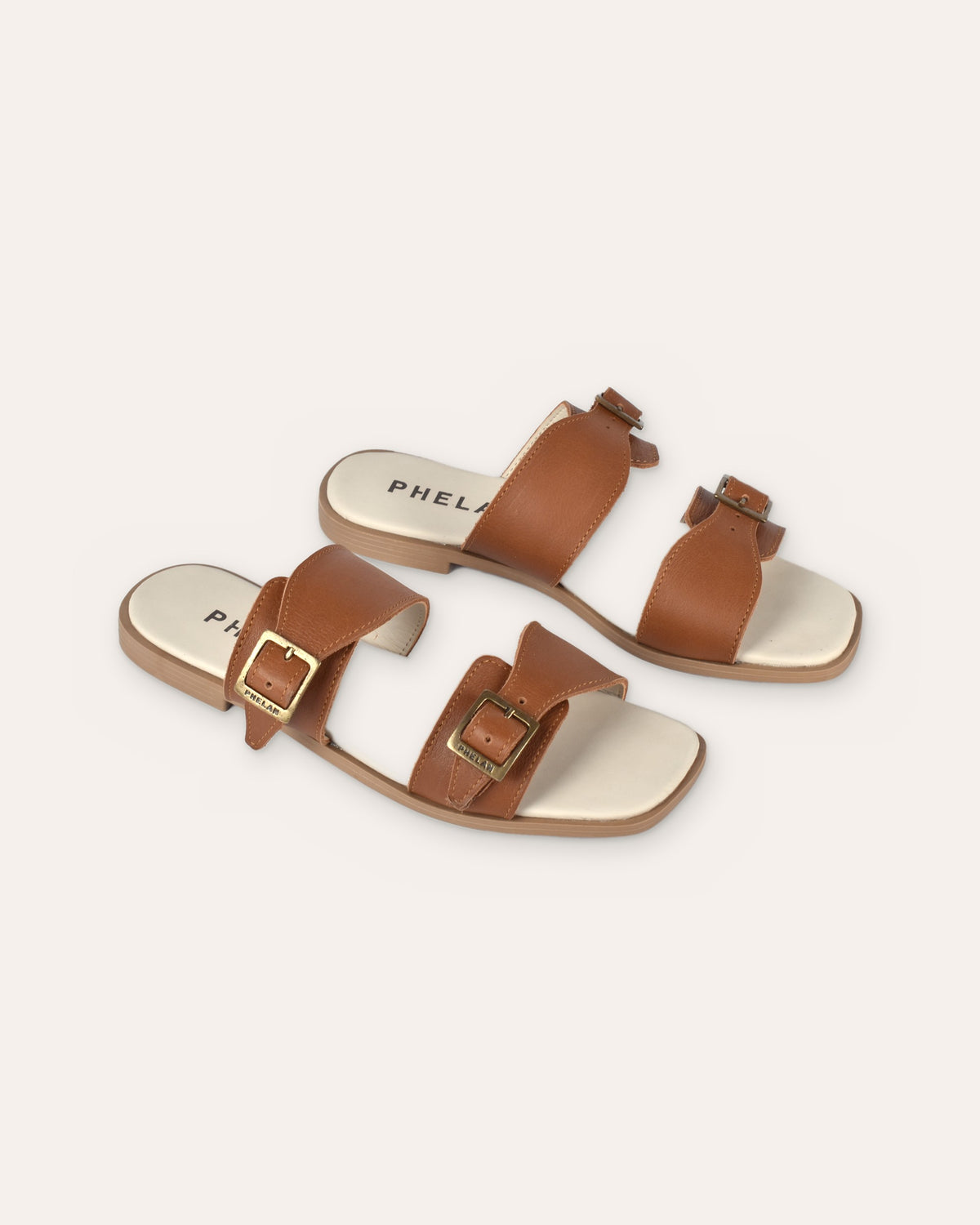 Buckle Sandal in Tan — handmade leather double-buckle slide by Phelan Footwear