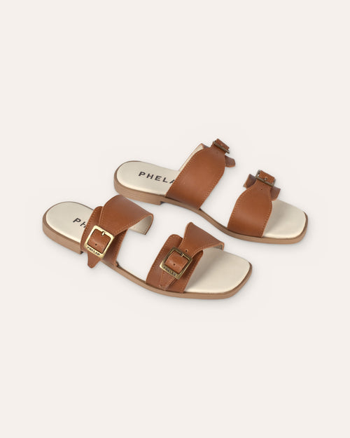 Buckle Sandal in Tan — handmade leather double-buckle slide by Phelan Footwear