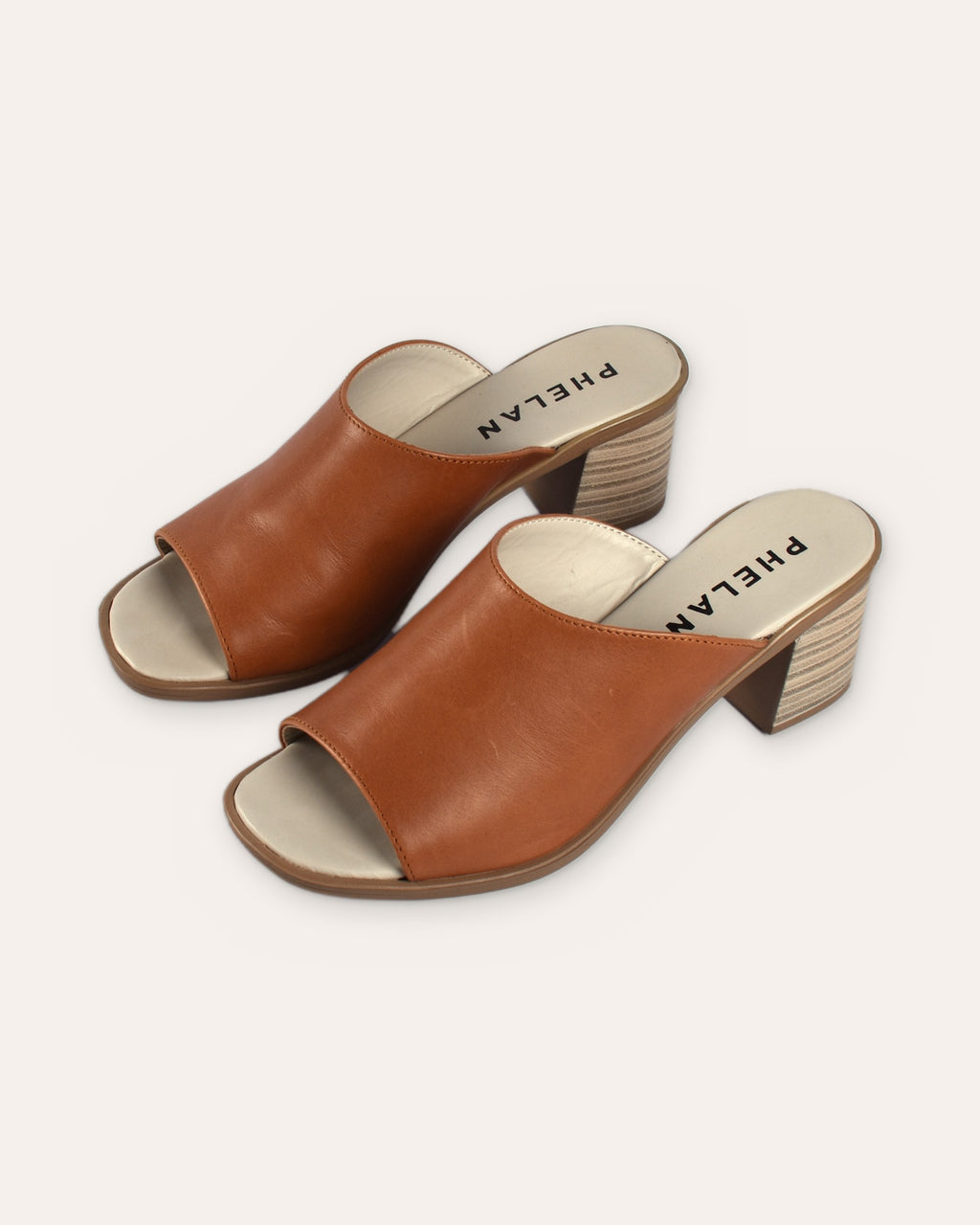 Sorrento Heel in Tan — handmade leather mule on a stacked block heel by Phelan Footwear