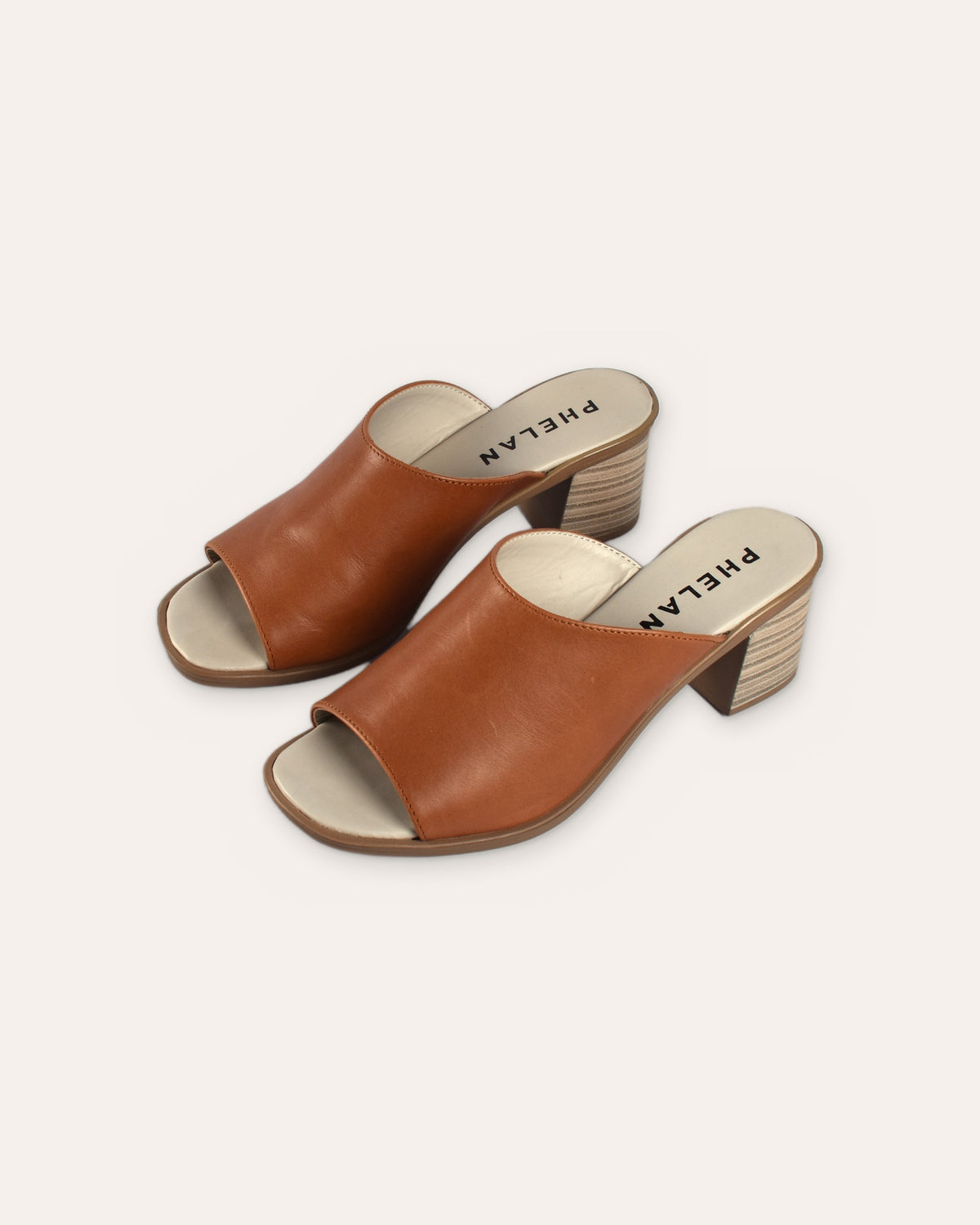 Sorrento Heel in Tan — handmade leather mule on a stacked block heel by Phelan Footwear