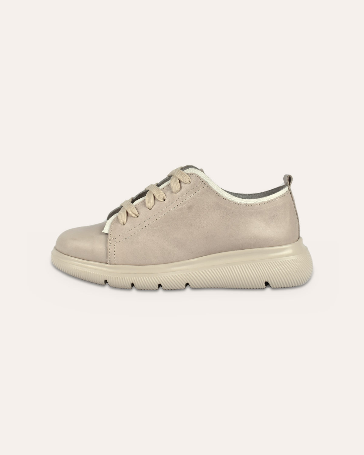 Deck Sneaker in Stone/White, side view of the chunky cream sole