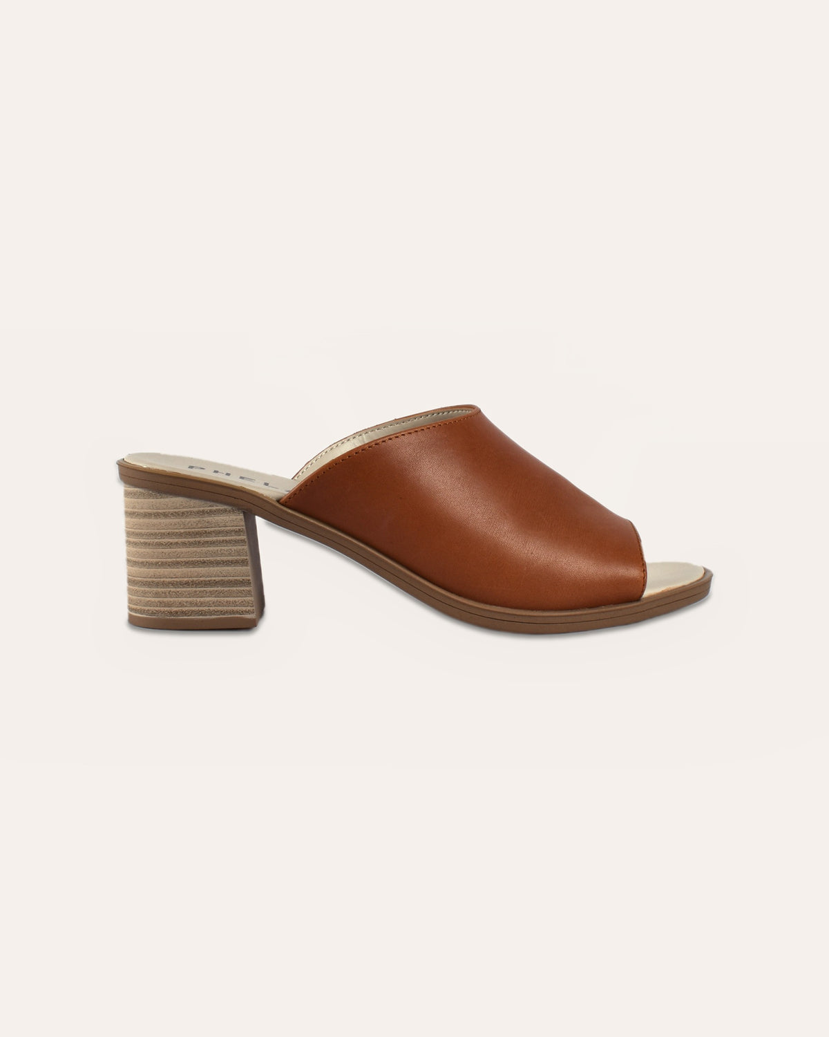 Sorrento Heel in Tan from the side, showing the 6.5cm stacked block heel