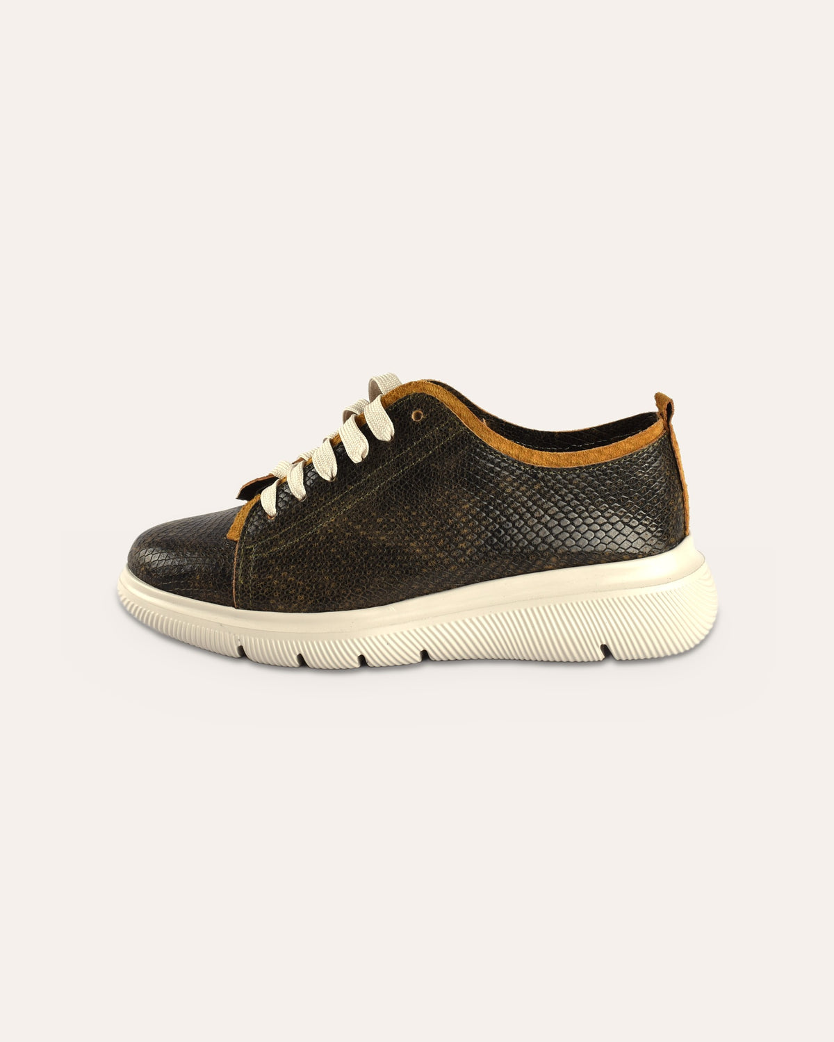 Deck Sneaker in Olive/Mustard, single shoe from the front