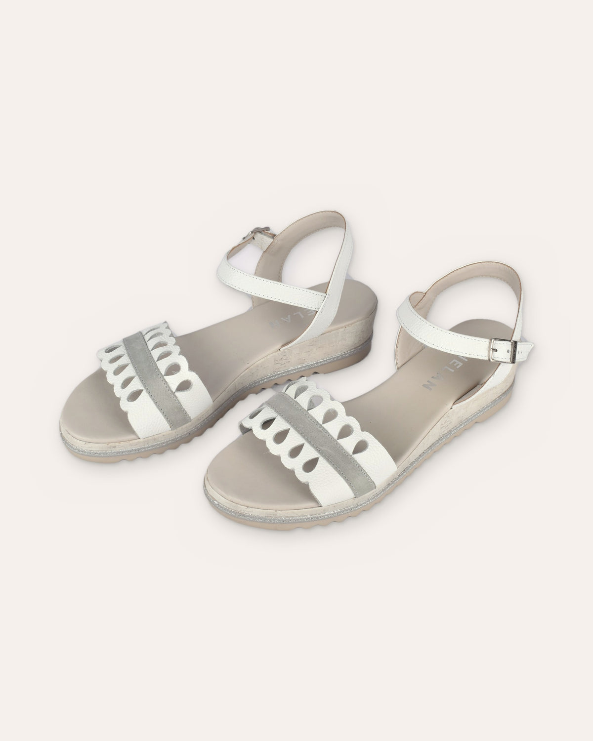Dolly Wedge in White/Grey — handmade leather wedge sandal by Phelan Footwear