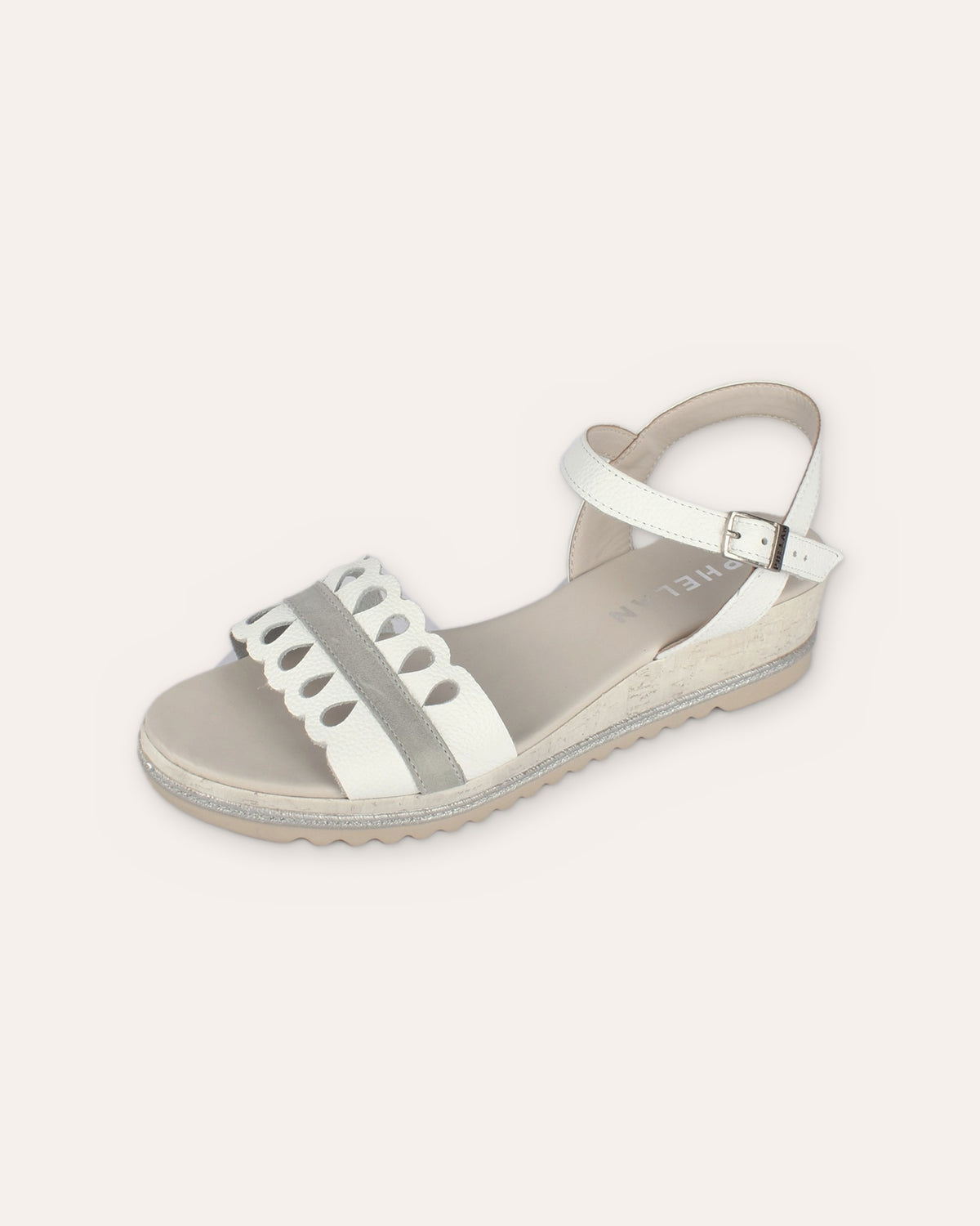 Dolly Wedge in White/Grey, one shoe close