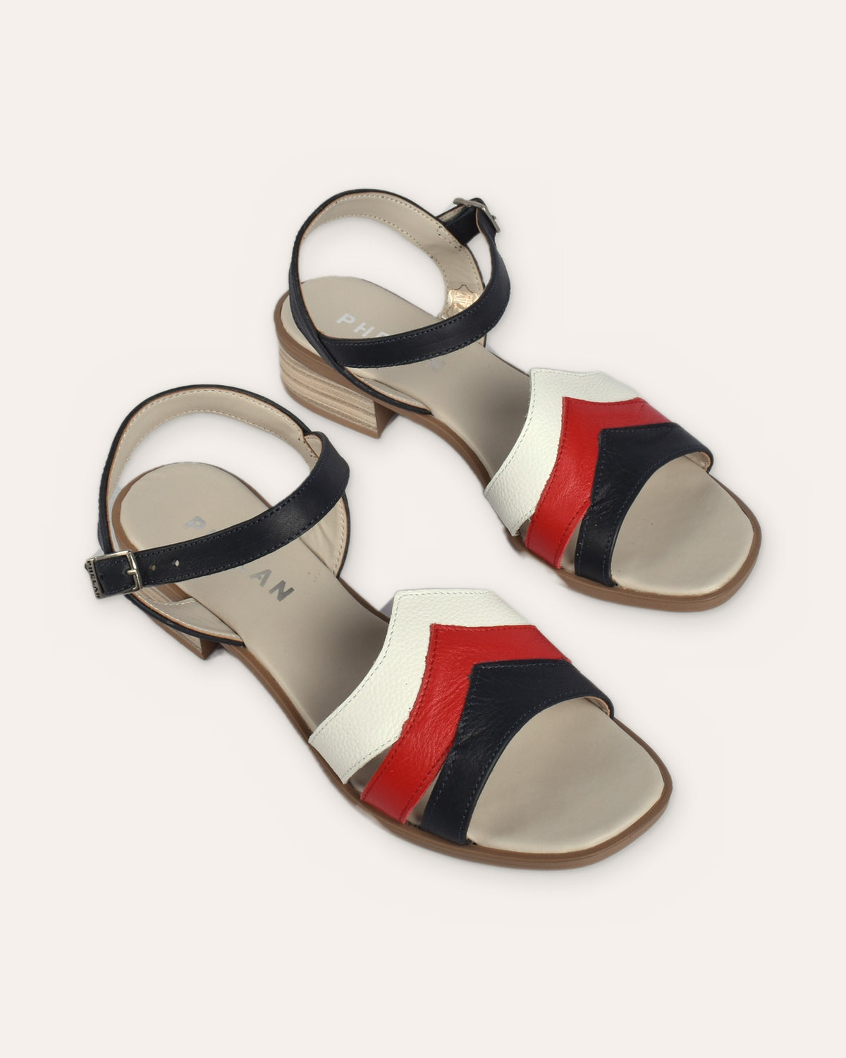 Corfu Heel in Navy/Red/White — handmade leather heeled sandal by Phelan Footwear