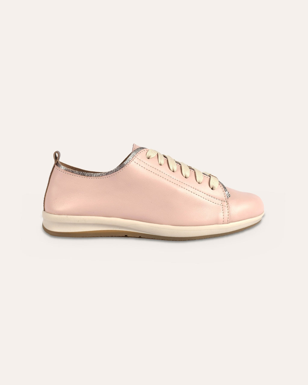 Hydra Sneaker in Blush/Silver, side view of the slim cream sole