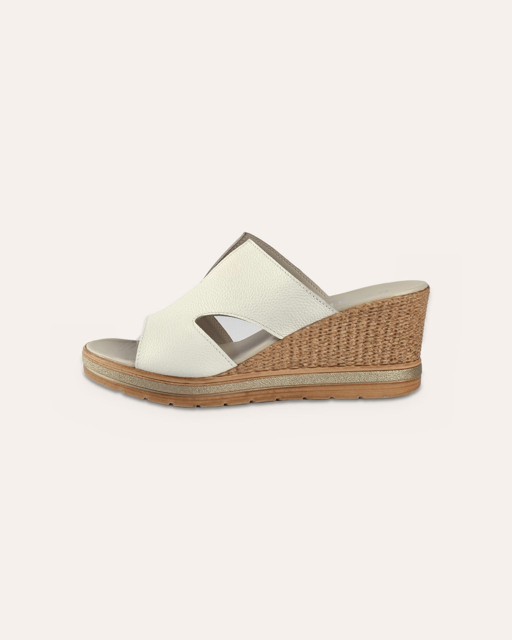 Positano Wedge in White, side view showing the woven wedge and gold trim