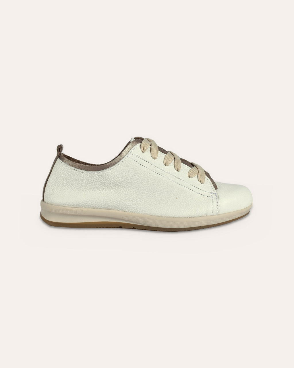 Hydra Sneaker in White/Pewter, side view of the slim cream sole