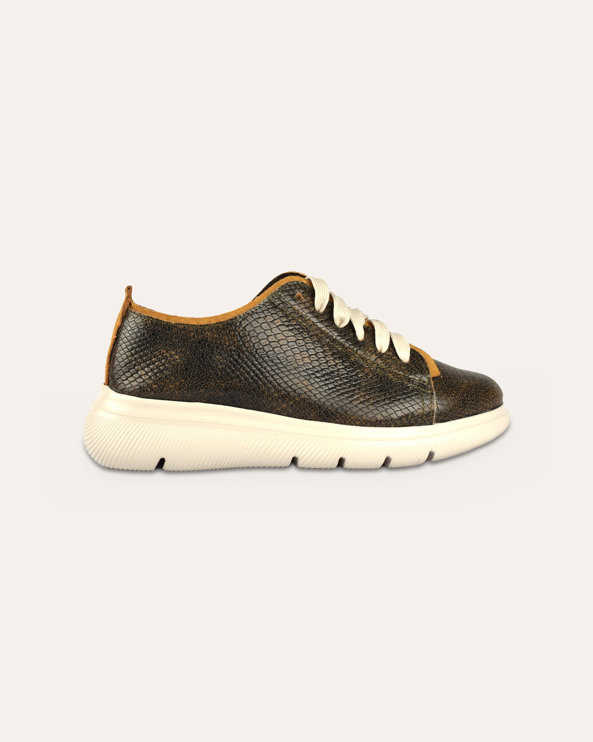 Deck Sneaker in Olive/Mustard, side view of the chunky cream sole