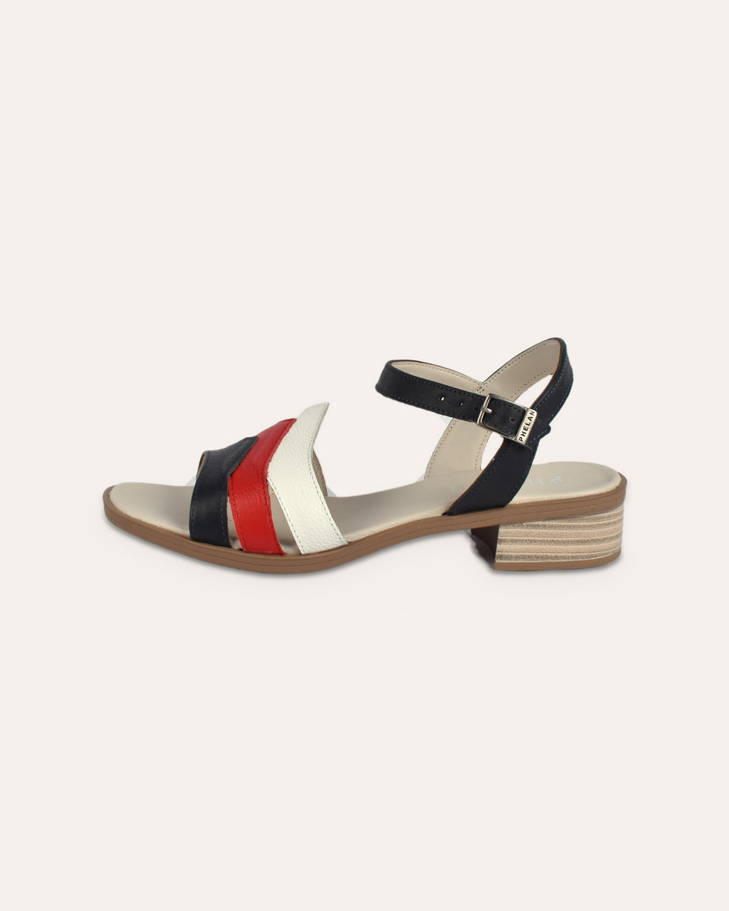 Corfu Heel in Navy/Red/White, side view of the stacked heel