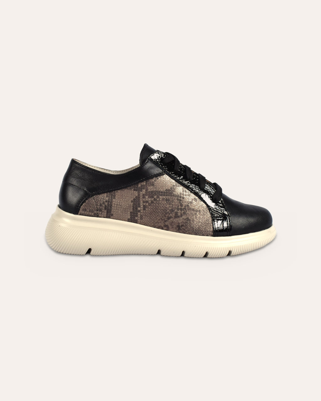 Harbour Sneaker in Black/Snake, side view showing the snake-print panel