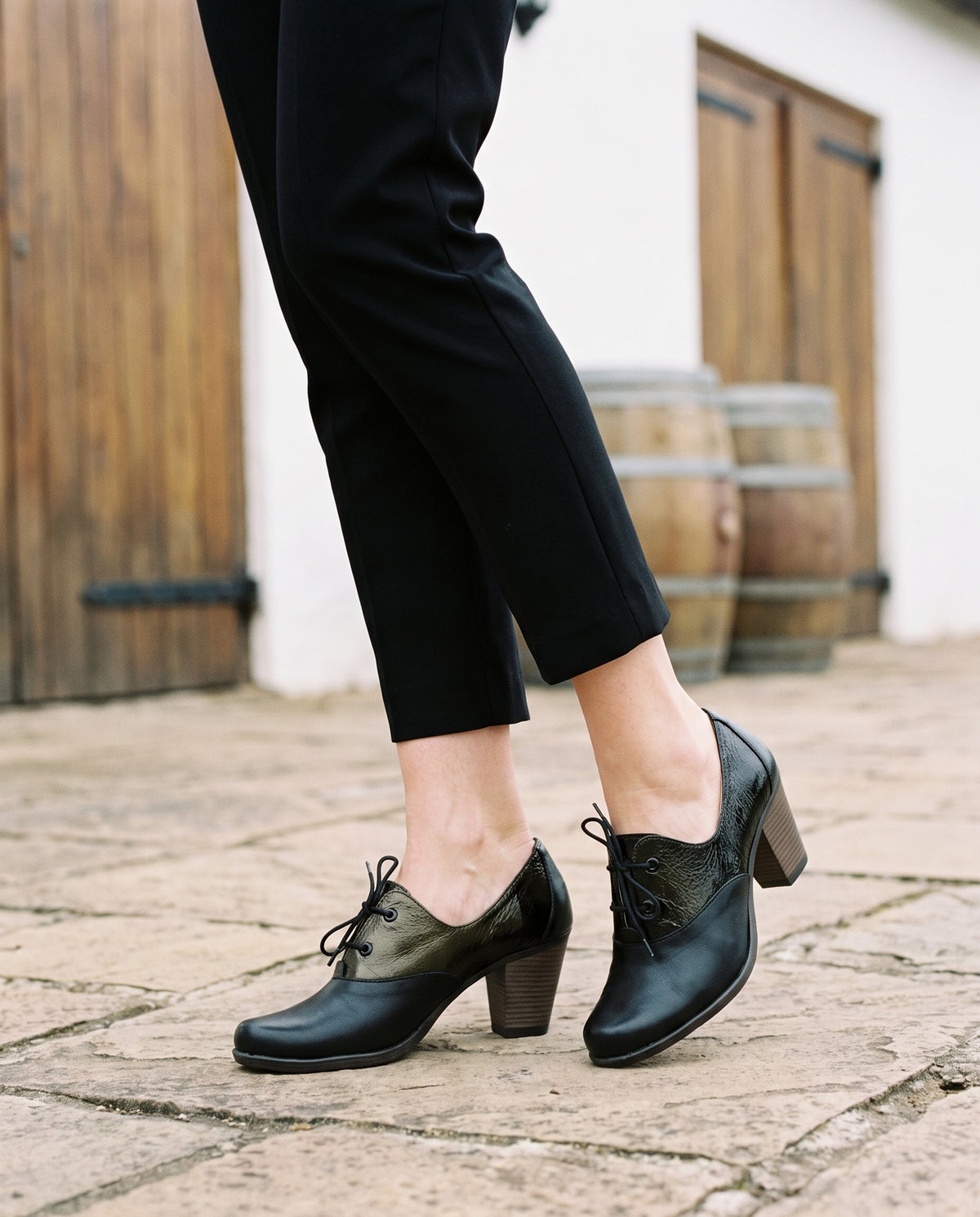Audrey Heel in Black Patent, worn