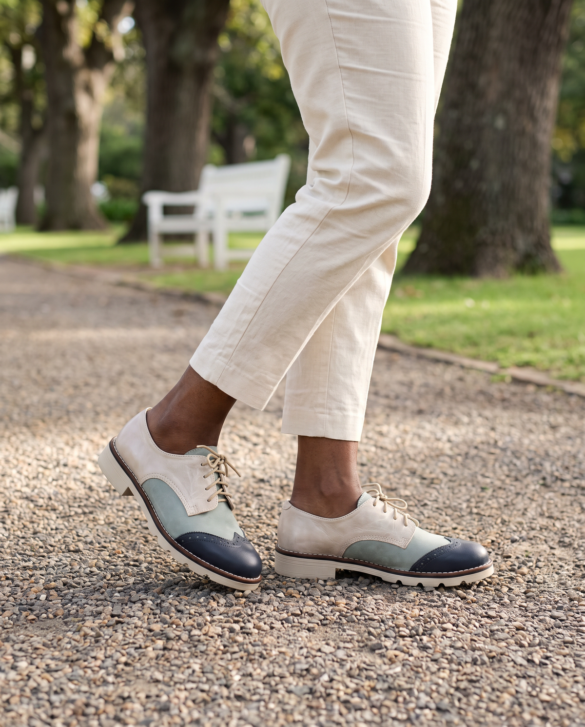 Ava Brogue in Navy/Sky/Fog, worn