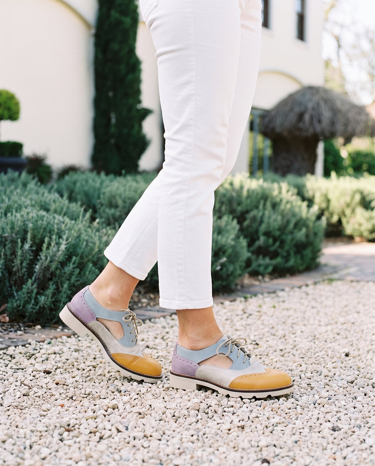 Darcy Brogue in Mustard/Fog/Sky/Lilac, worn