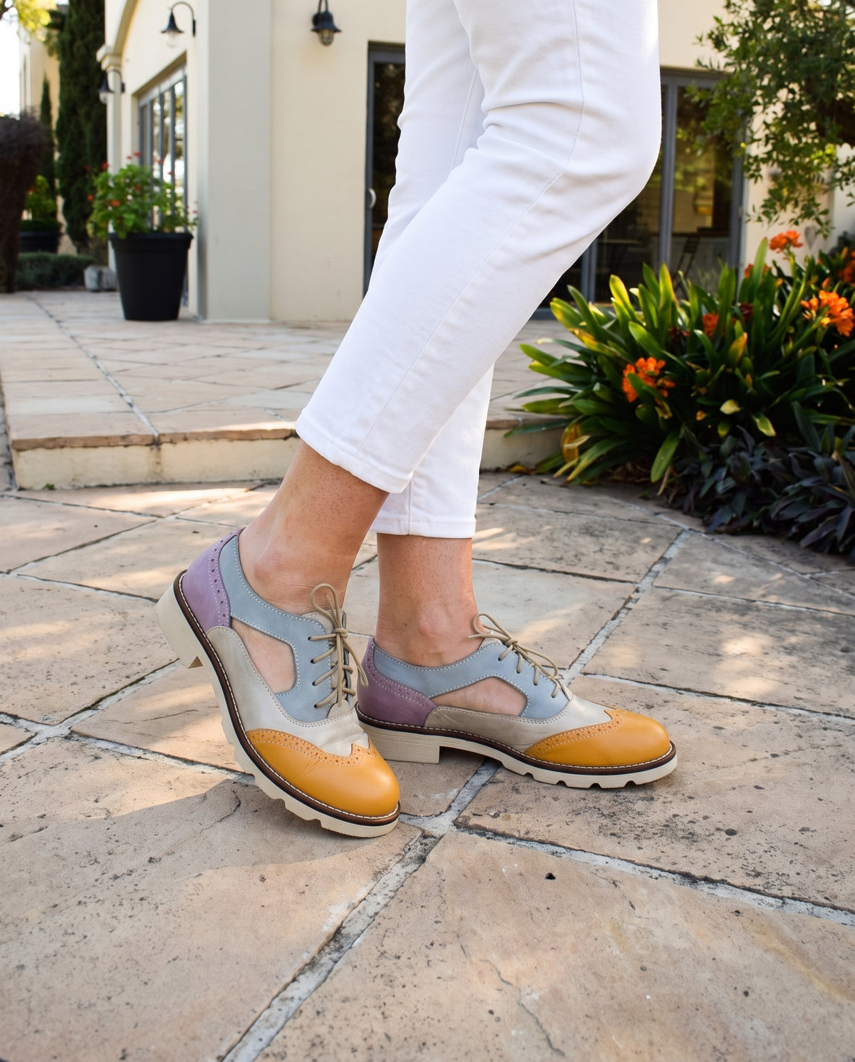 Darcy Brogue in Mustard/Fog/Sky/Lilac, worn