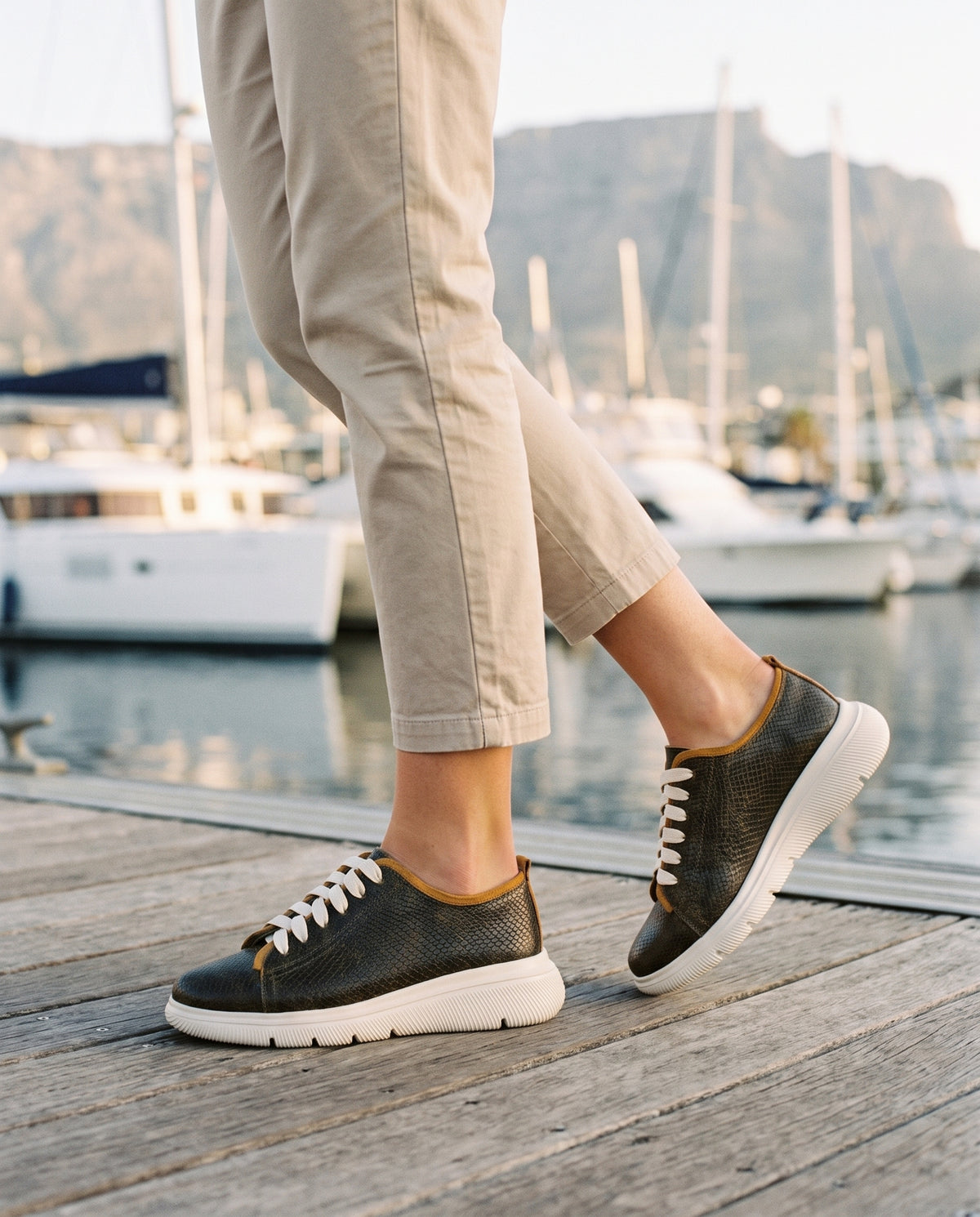 Deck Sneaker in Olive/Mustard, worn