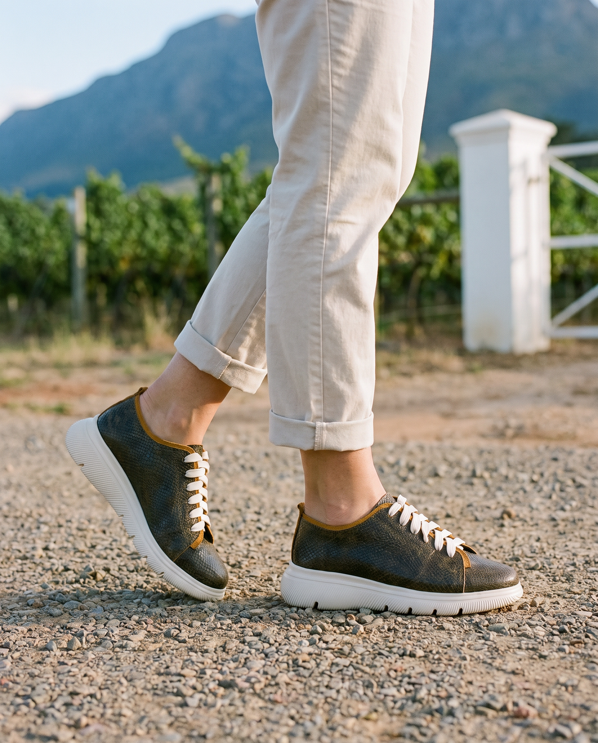 Deck Sneaker in Olive/Mustard, worn
