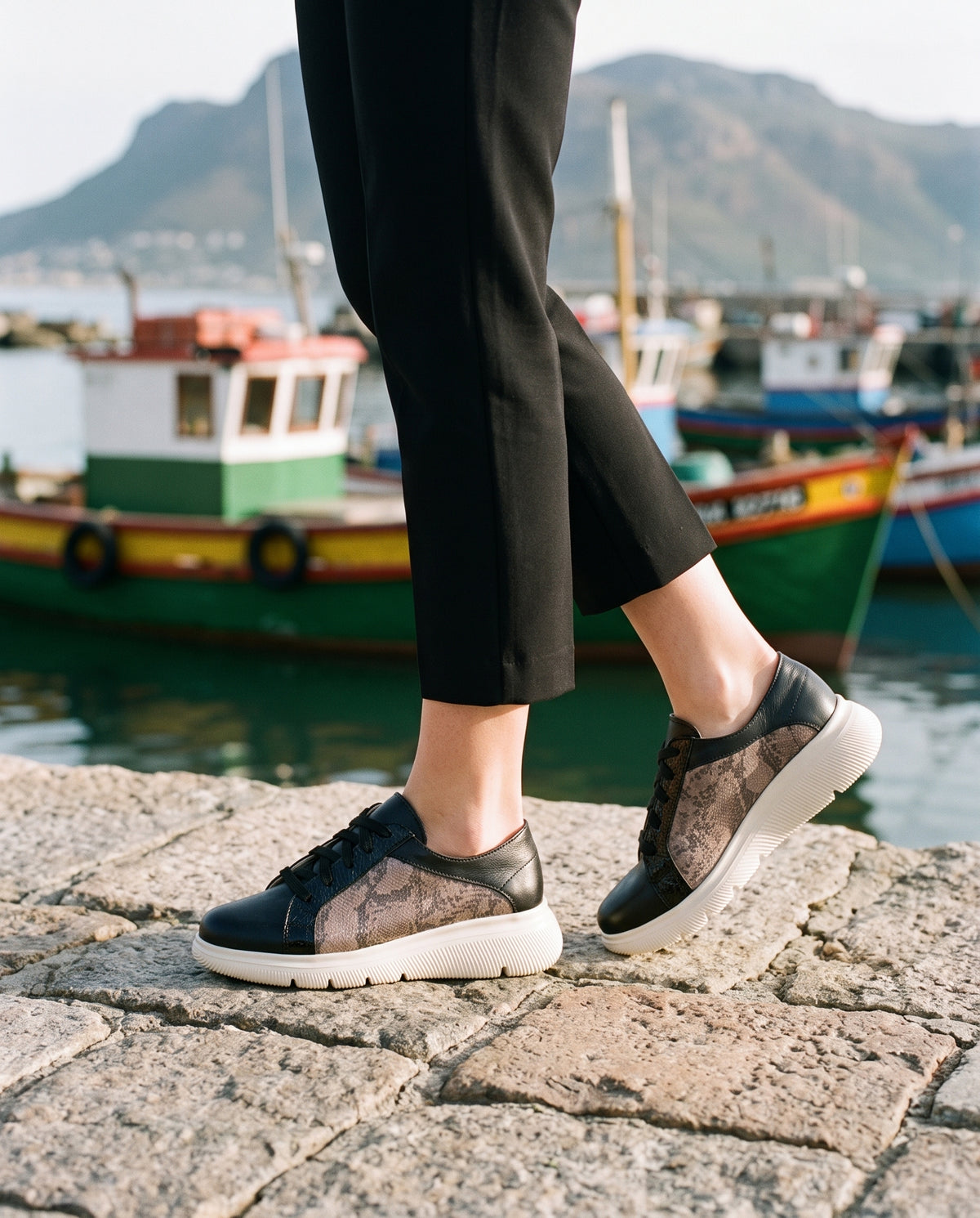 Harbour Sneaker in Black/Snake, worn