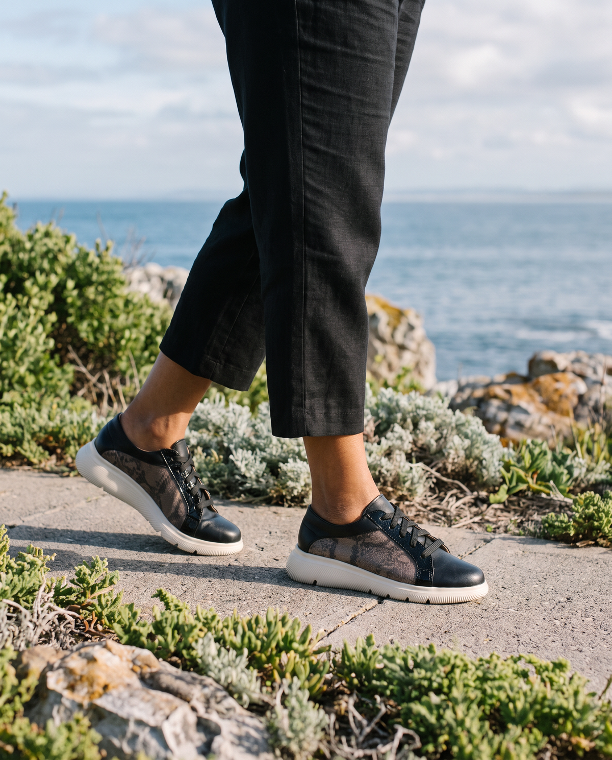 Harbour Sneaker in Black/Snake, worn