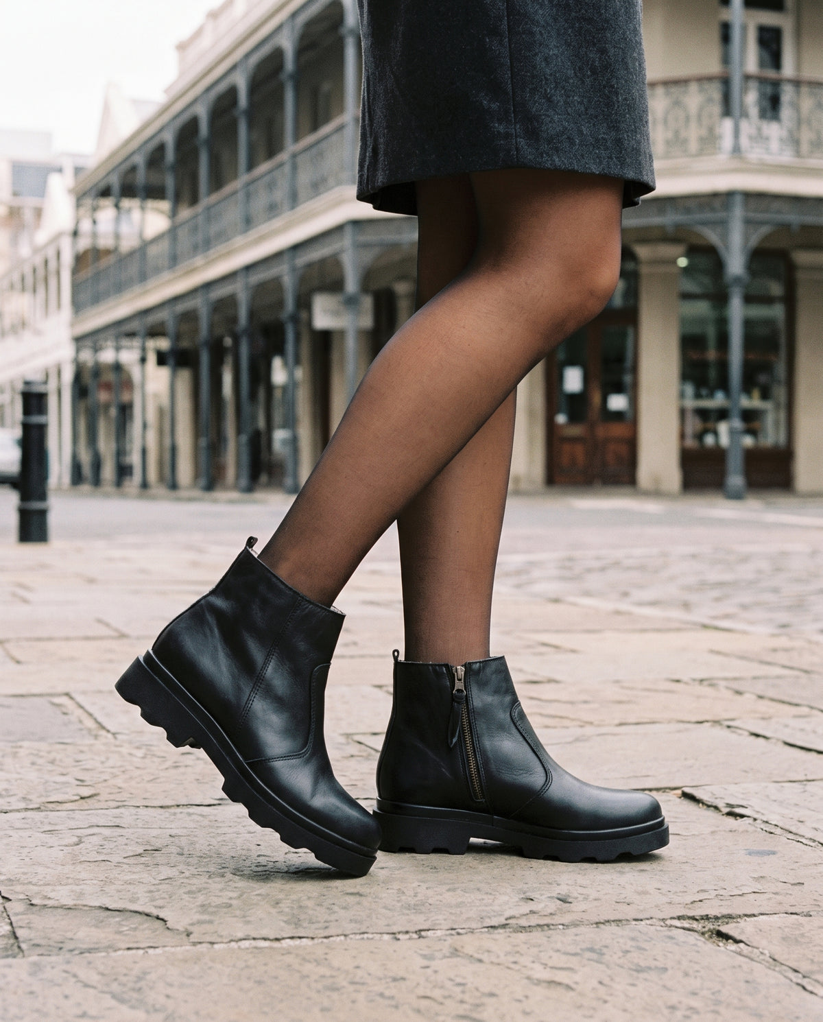 Hazel Ankle Boot in Black, worn
