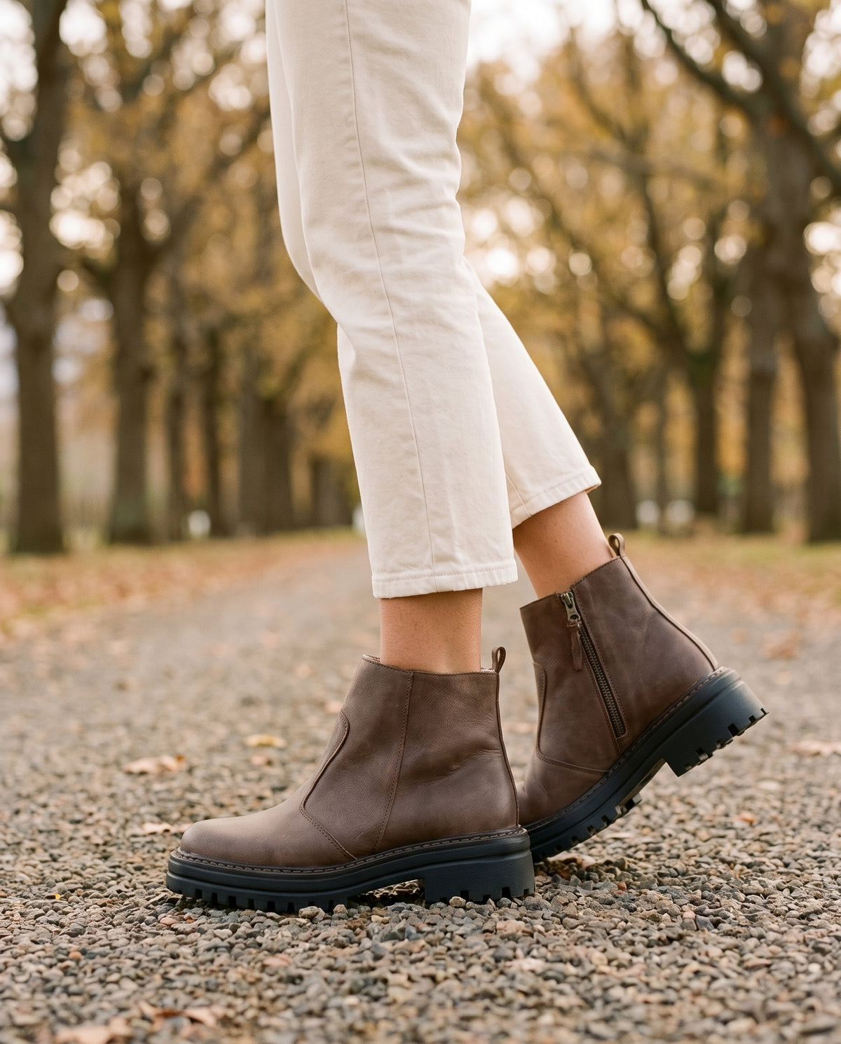 Hazel Ankle Boot in Brown, worn