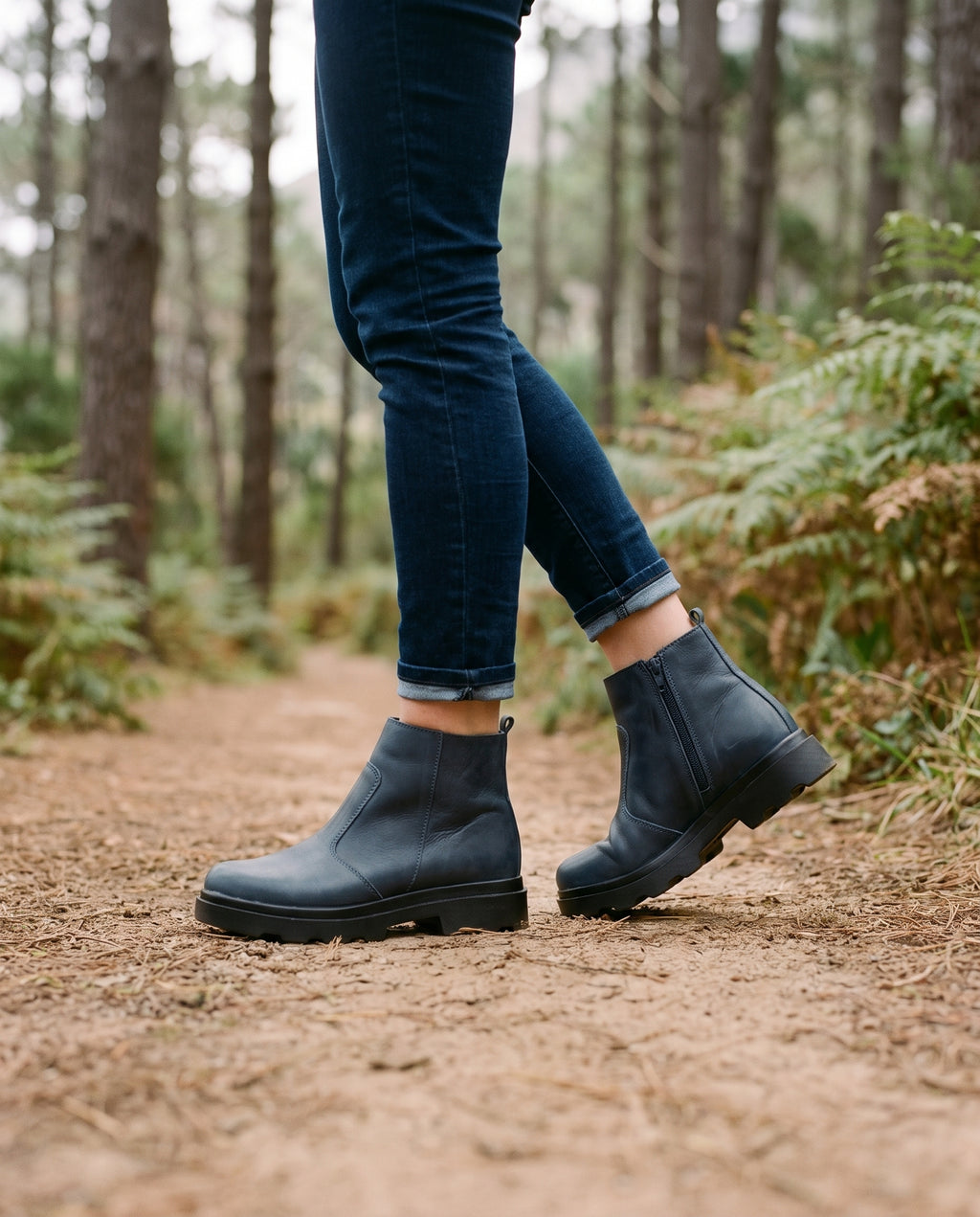 Hazel Ankle Boot in Navy, worn