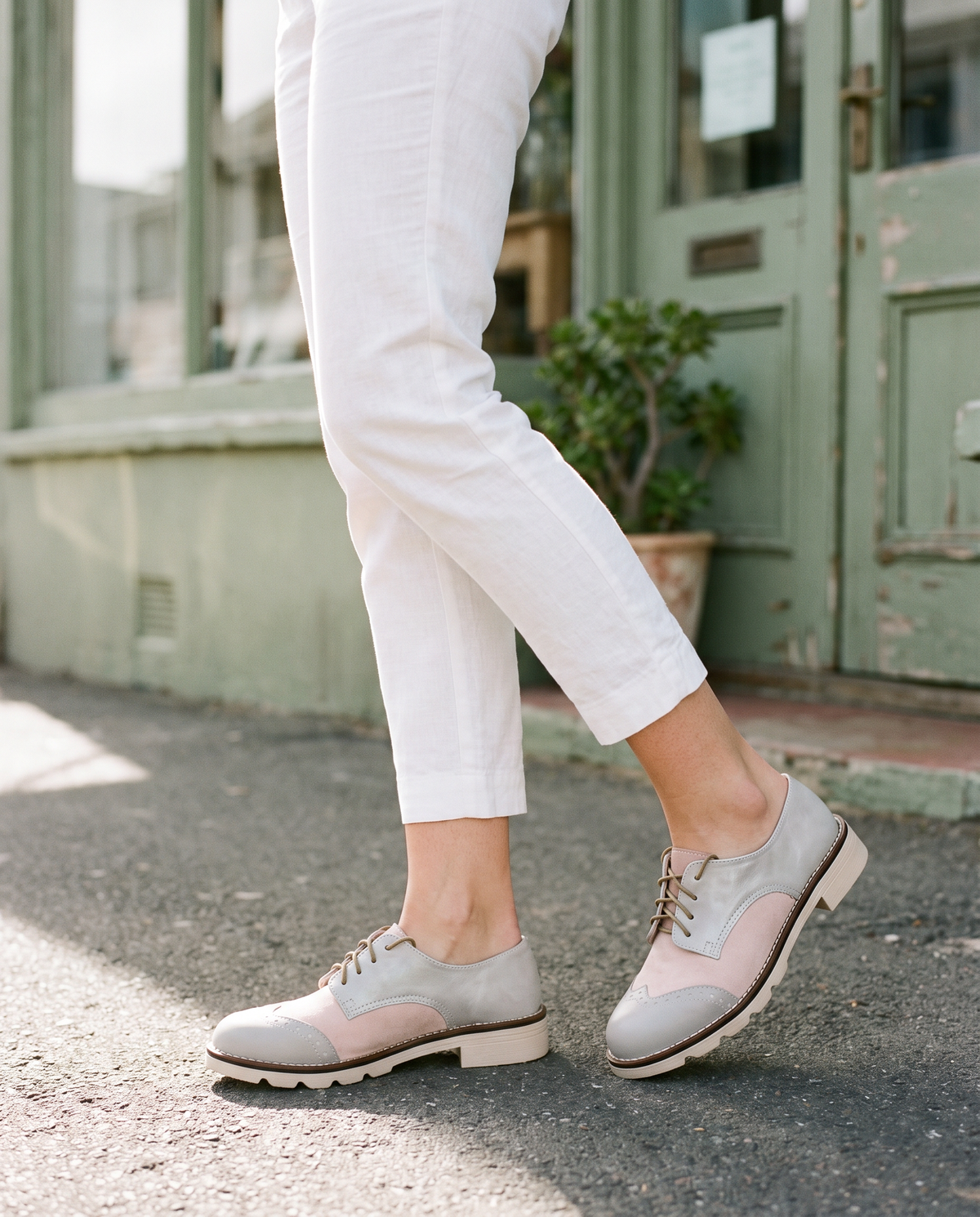 Lola Brogue in Sky/Blush, worn