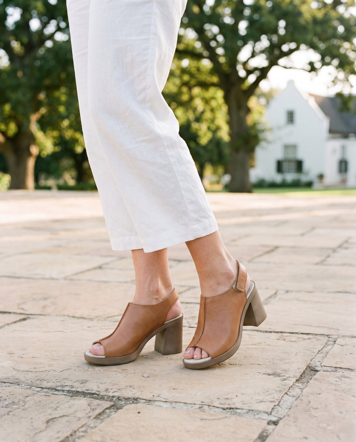 Lucca Heel in Tan, worn