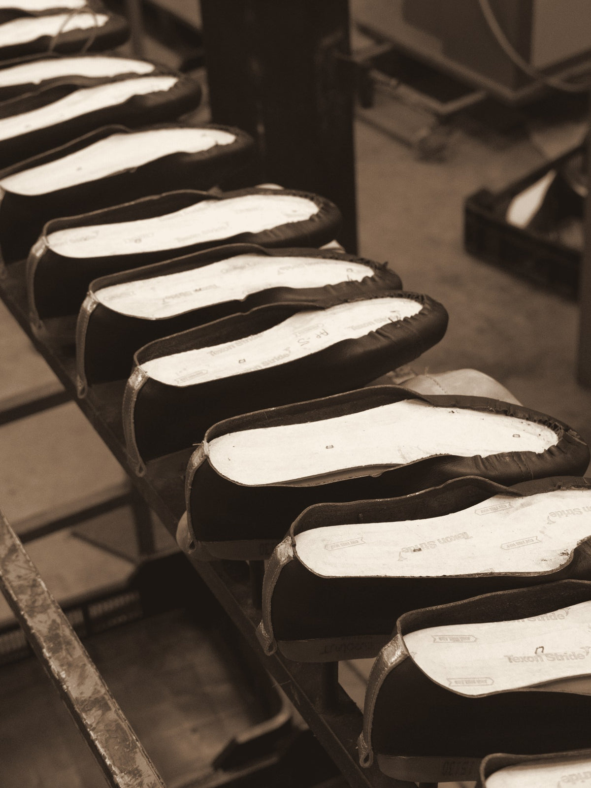 A rack of lasted uppers in the Phelan factory, Somerset West