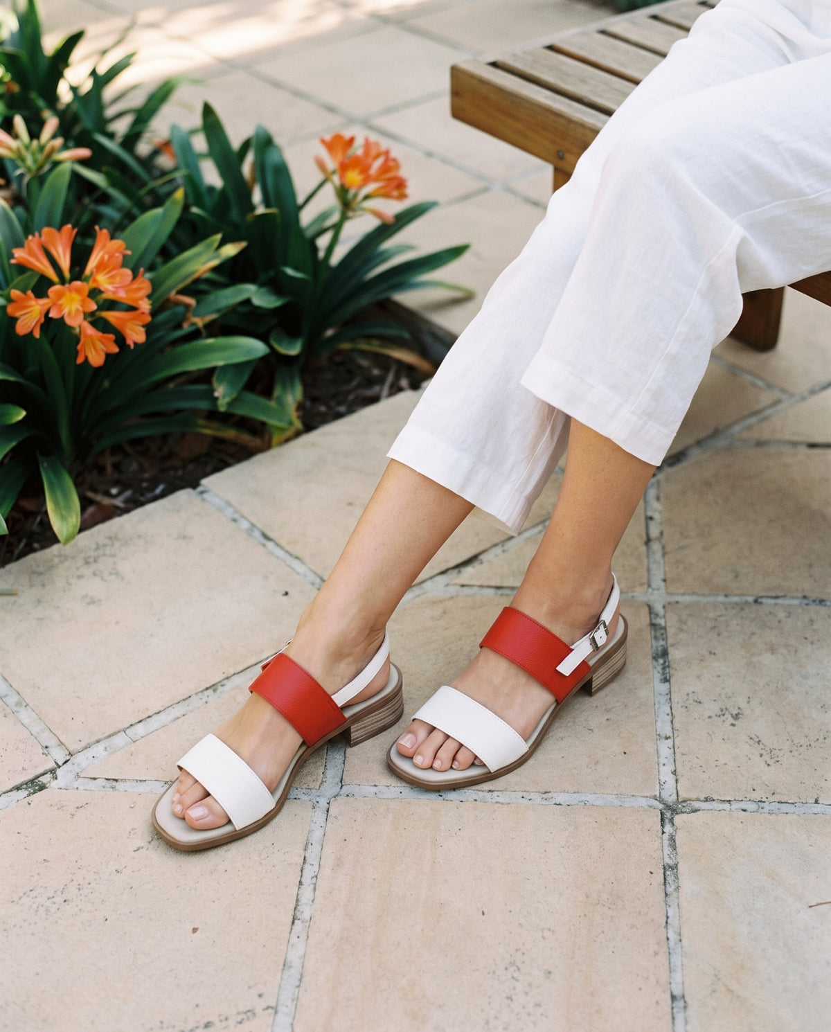Portofino Heel in White/Red, worn