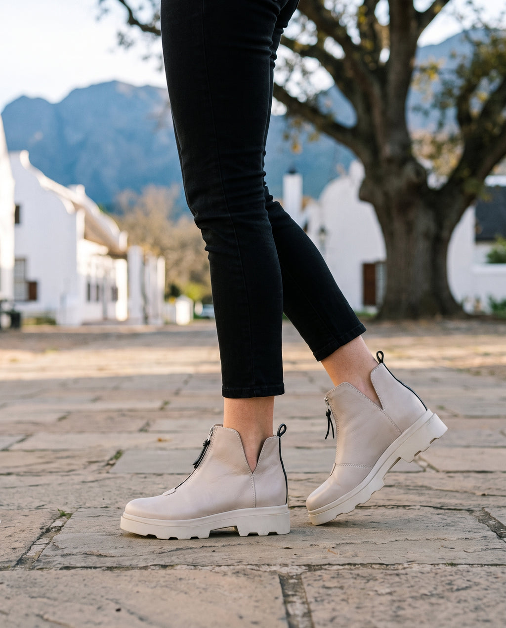 Romy Ankle Boot in Taupe/Black, worn