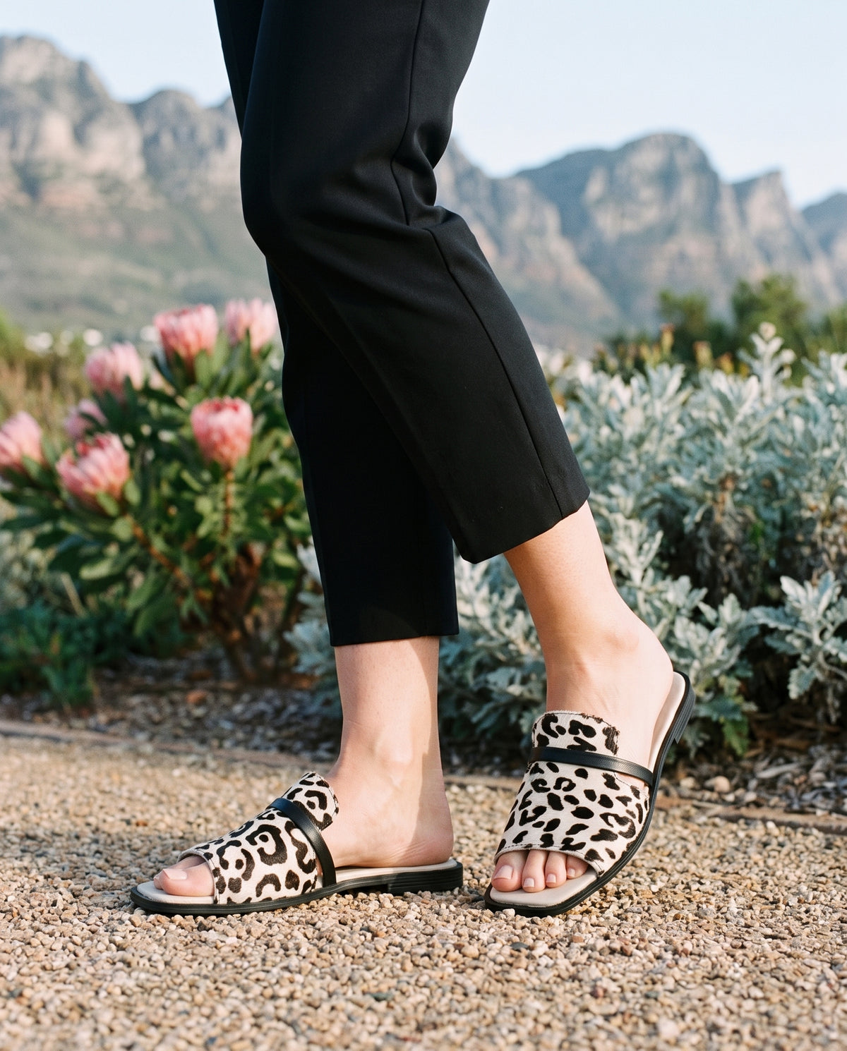 Sabi Slide in Snow Leopard/Black, worn
