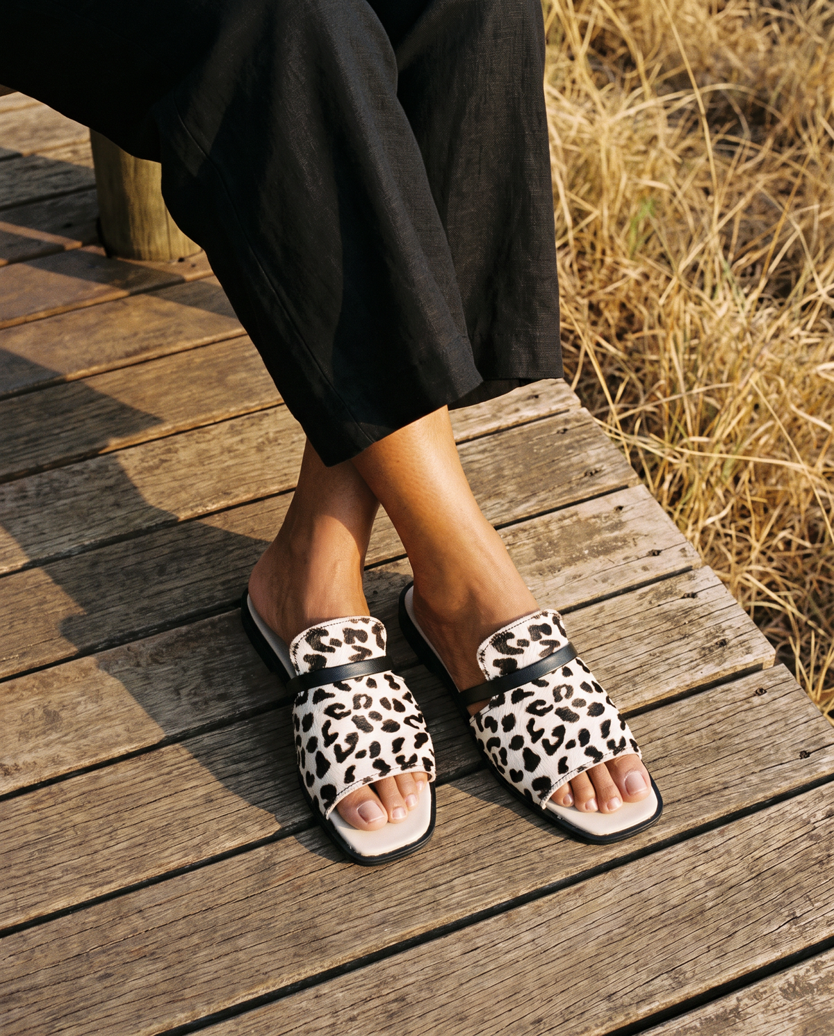 Sabi Slide in Snow Leopard/Black, worn