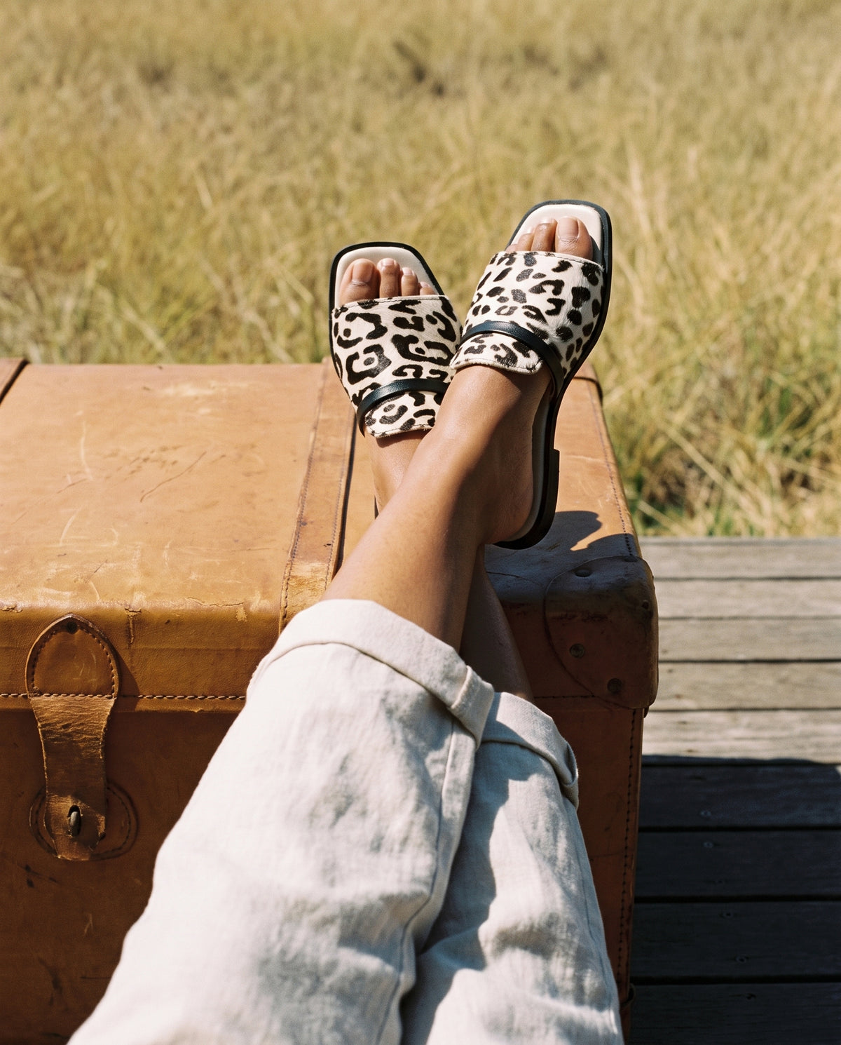 Sabi Slide in Snow Leopard/Black, worn