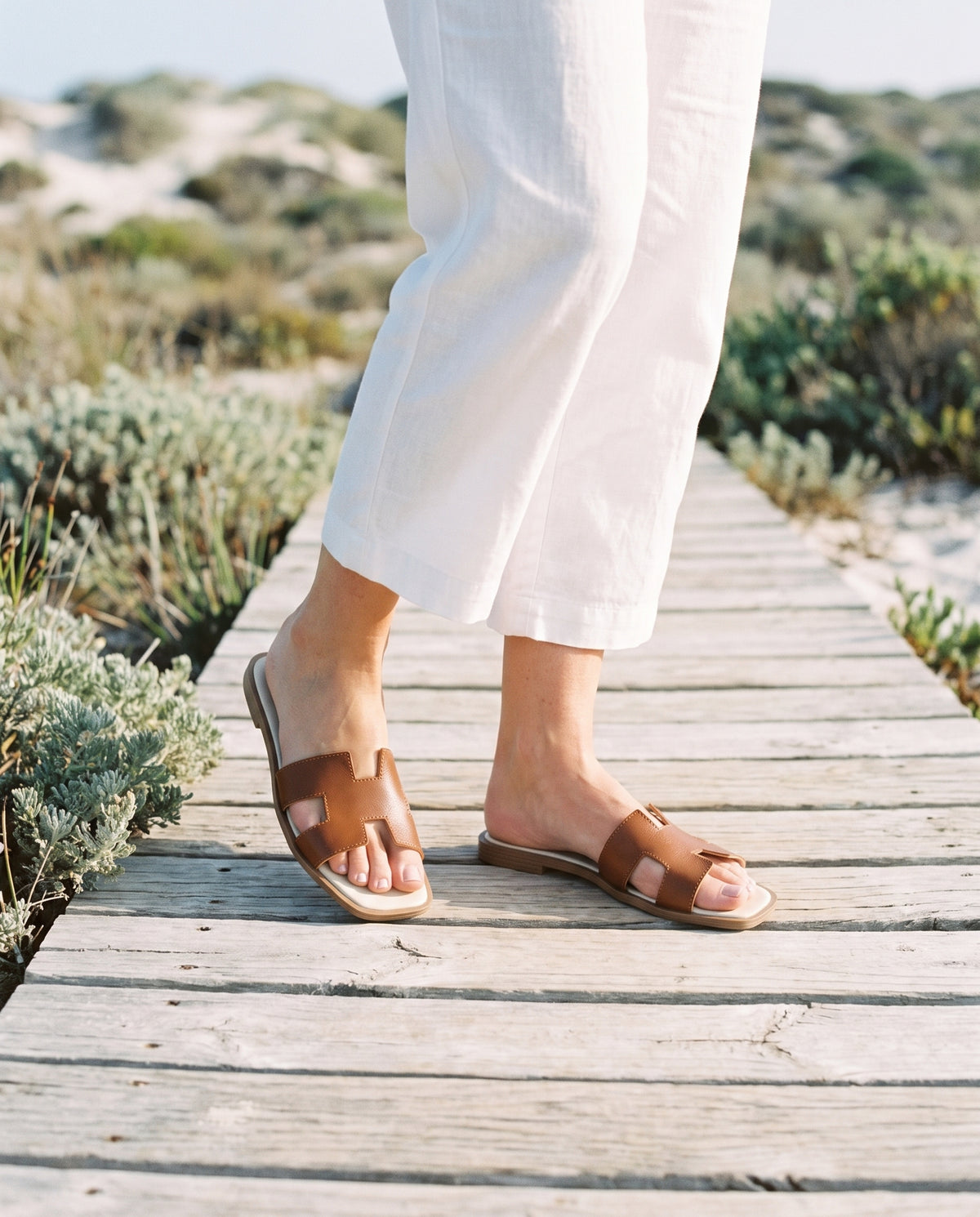 Santorini Slide in Tan, worn