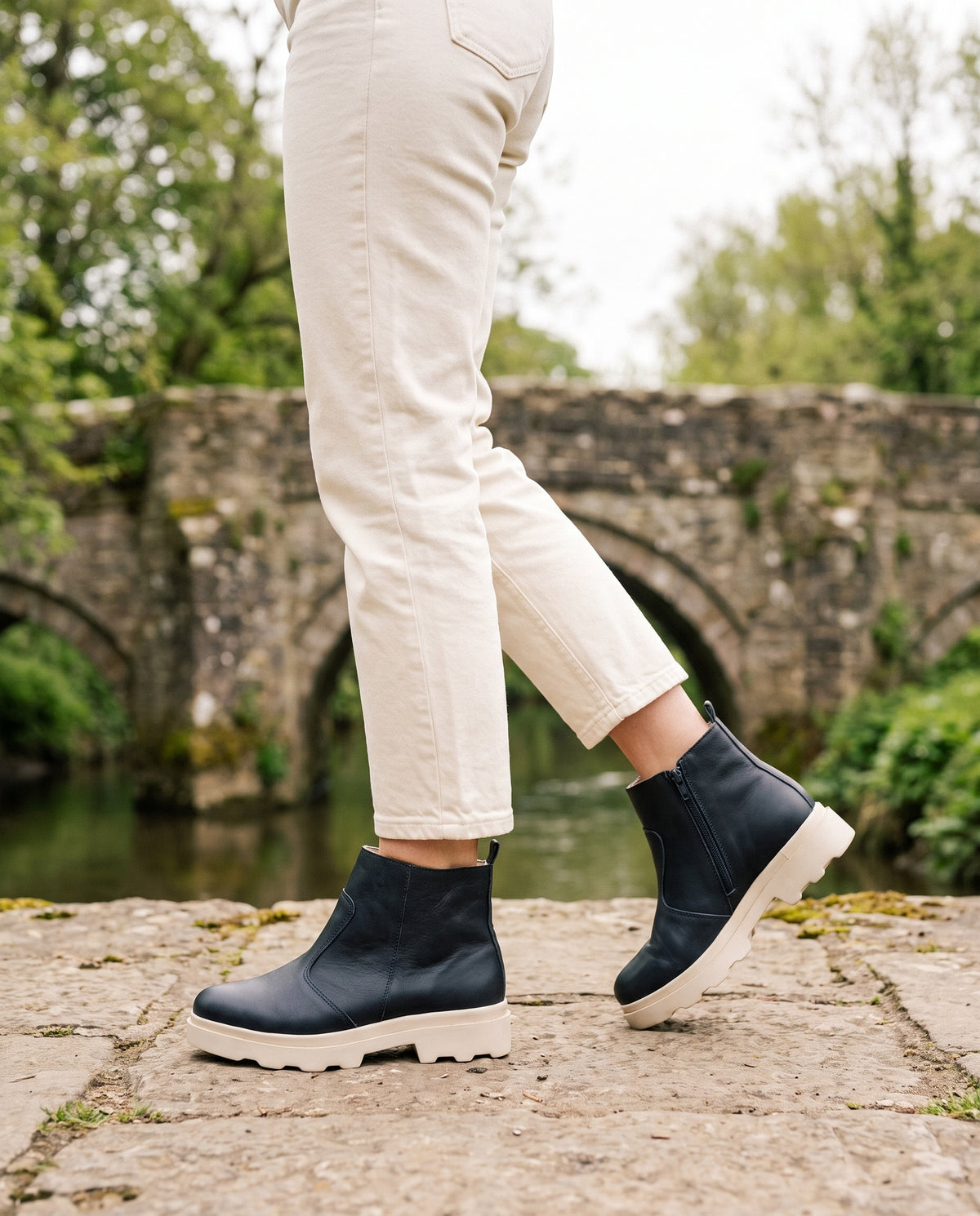 Sheraton Ankle Boot in Navy, worn