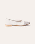 Tessa Pump – white leather pointed flat with a print toe cap, side view, handmade by Phelan