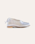 Pixie Flat – metallic silver leather slip-on flat with a back zip, side view, handmade by Phelan