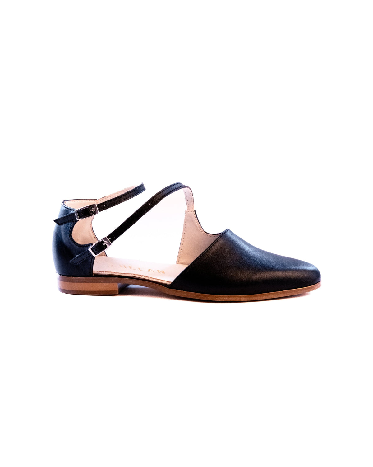 Tumi Flats – black leather flat with open sides and two buckled ankle straps, side view, handmade by Phelan